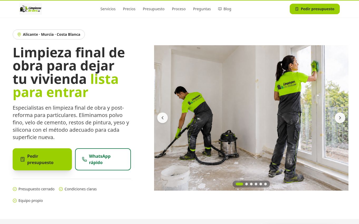 Hero de la web Limpiezasdeobra.es